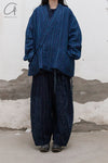 AVIVA JIFEI XUE Indigo Stripe Linen Short Kimono Jacket A21-KJS Reversible Indigo Stripe Linen Short Kimono Jacket
